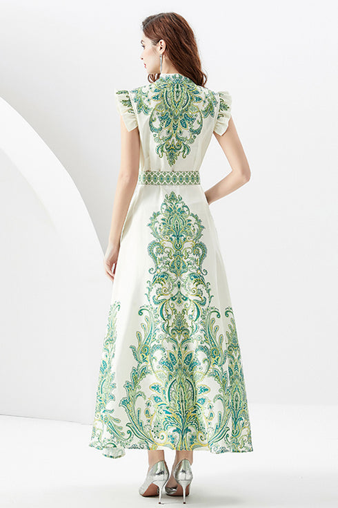 Elegant Autumn Captivating Paisley Pattern Stand-Up Collar, Belted, High Waist, A-line Split Women's Party, Festive Maxi Dress